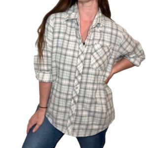 Vintage 90s Pastel Plaid Fall Grey Pink White Button-down Shirt Large 12/14